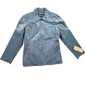 Bernardo Womens Blue Genuine Leather Full Zip Collared Jacket Size M 7193 New